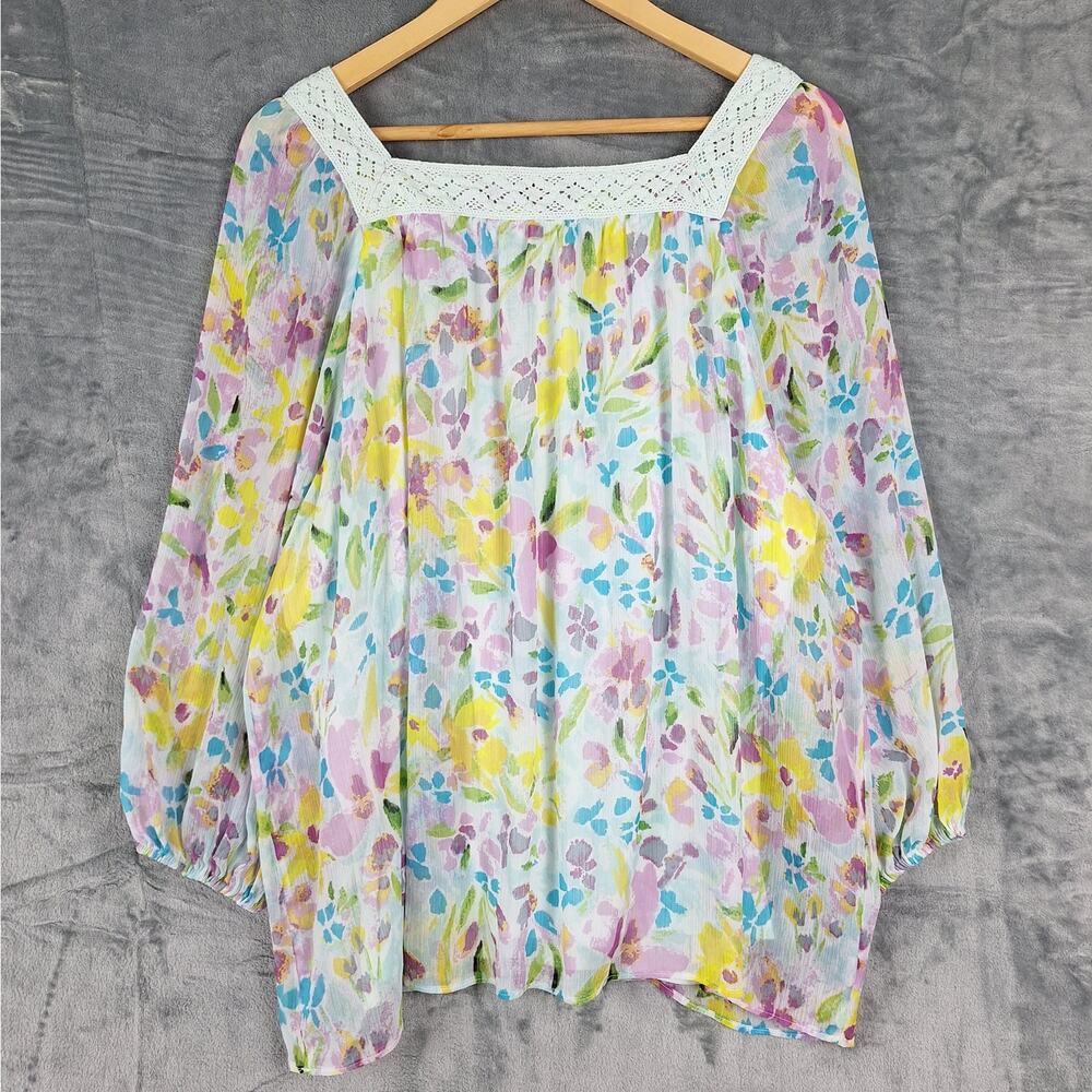 Womens Top XL‎ Boho Floral Pastel Sheer Crochet Lace Fairy Feminine Cottagecore - Picture 8 of 8